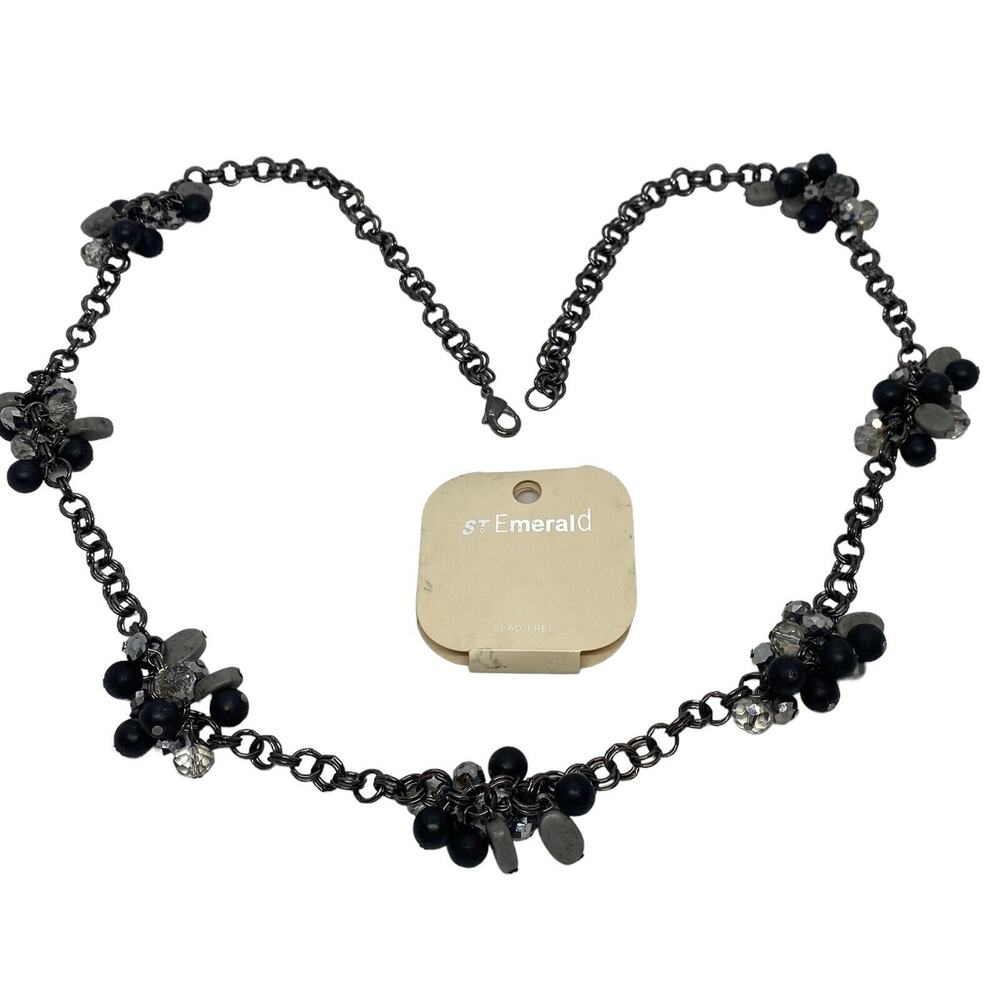 St. Emerald 36" Necklace Black Chain Faceted Black Silver Cluster Beads Fashion - Picture 2 of 13